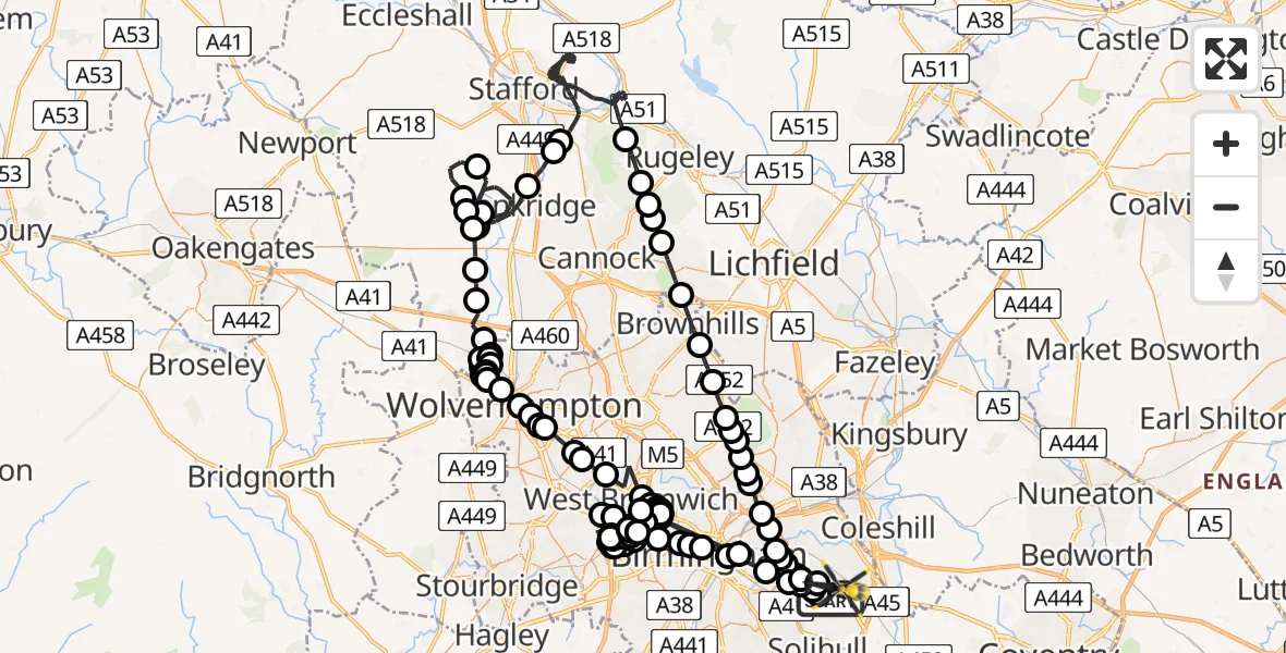 Flight path map showing Police Helicopter route from Birmingham Airport to Birmingham Airport