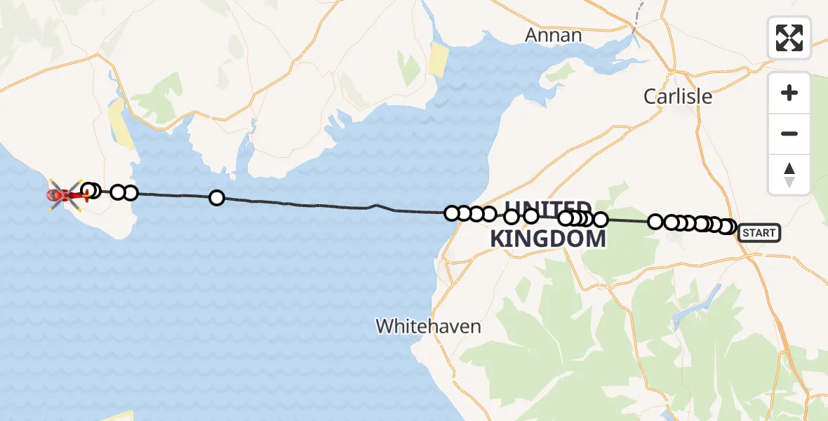Flight path map showing Air Ambulance Helicopter route from Penrith to Monreith