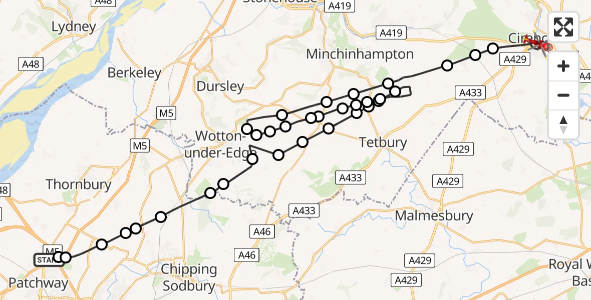 Flight path map showing Air Ambulance Helicopter route from Almondsbury Helicopter Base to Cirencester