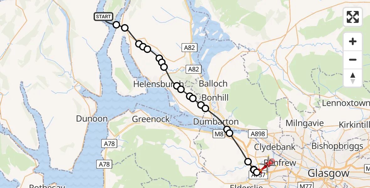 Flight path map showing Air Ambulance Helicopter route from Carrick Castle to Glasgow Airport