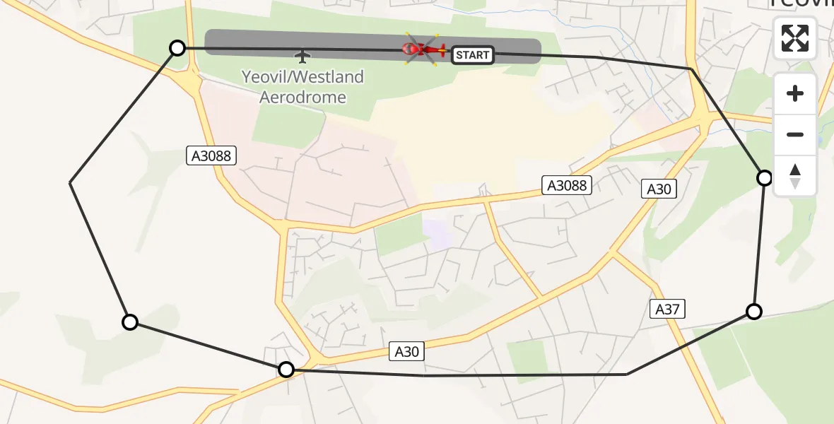 Flight path map showing Air Ambulance Helicopter route from Yeovil/Westland Aerodrome to Yeovil/Westland Aerodrome