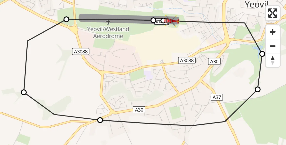 Flight path map showing Air Ambulance Helicopter route from Yeovil/Westland Aerodrome to Yeovil