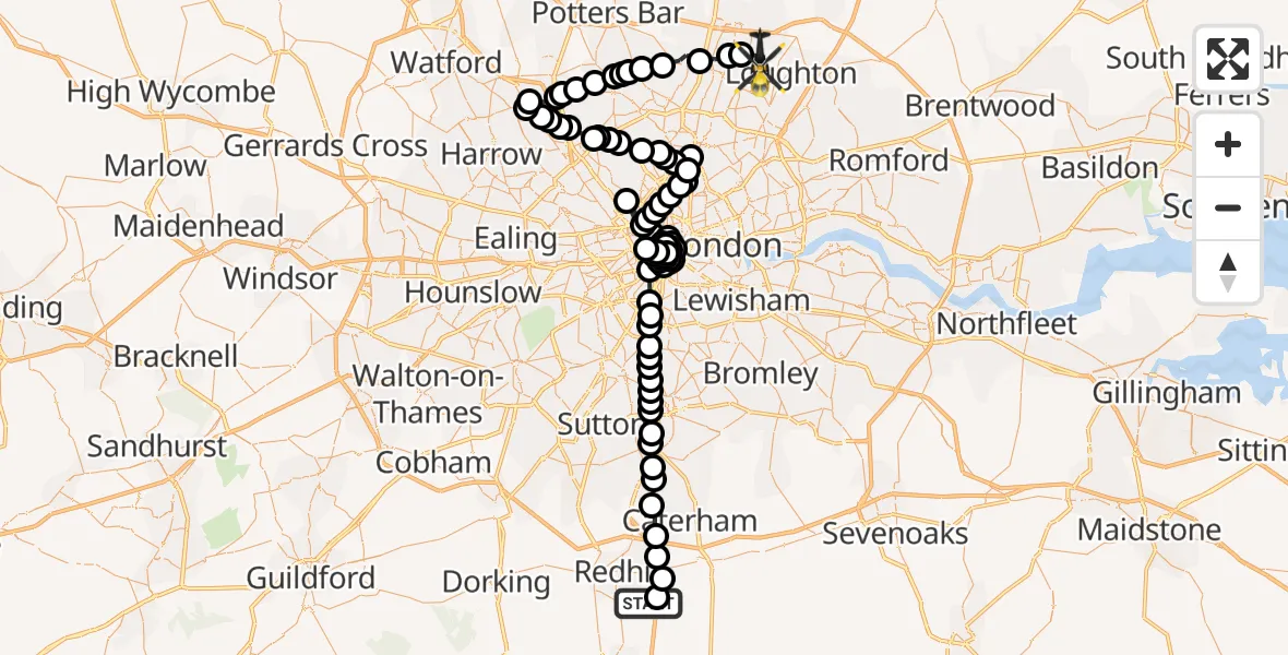 Flight path map showing Police Helicopter route from Redhill Aerodrome to Sewardstonebury
