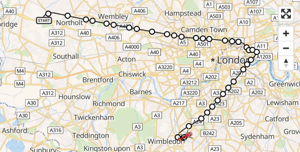 Flight path map showing Air Ambulance Helicopter route from RAF Northolt to St Georges Hospital