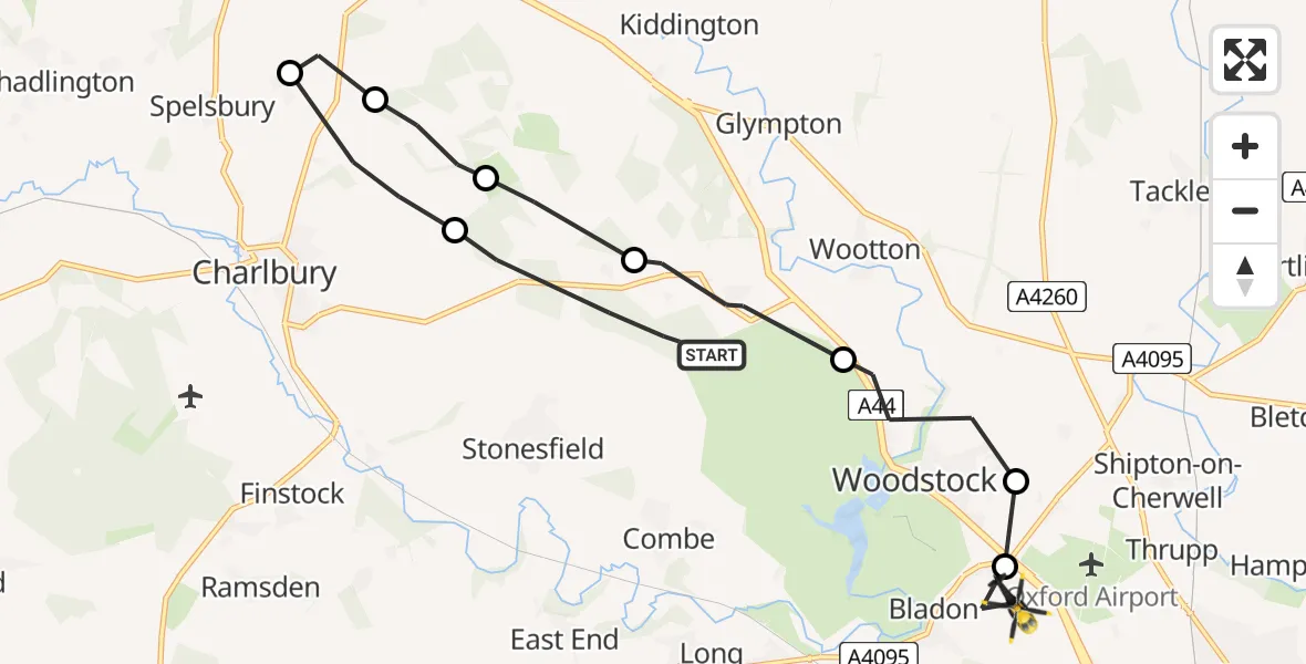 Flight path map showing Police Helicopter route from West Oxfordshire to Begbroke