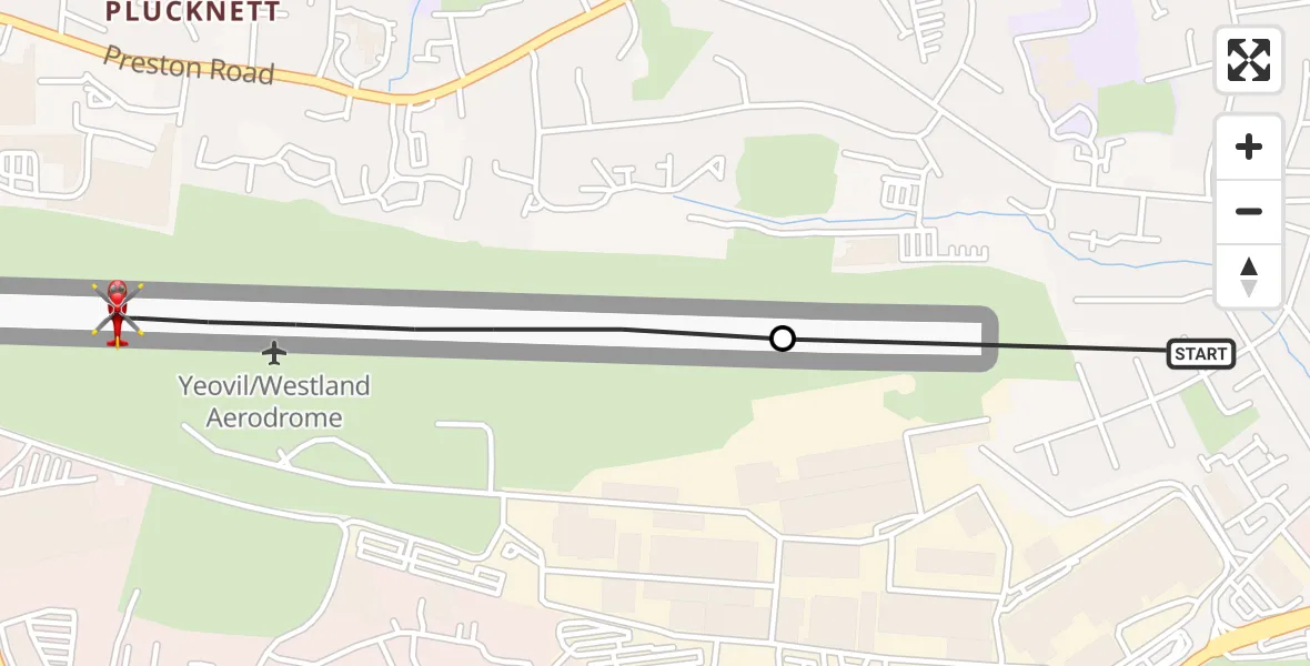 Flight path map showing Air Ambulance Helicopter route from Yeovil to Yeovil/Westland Aerodrome