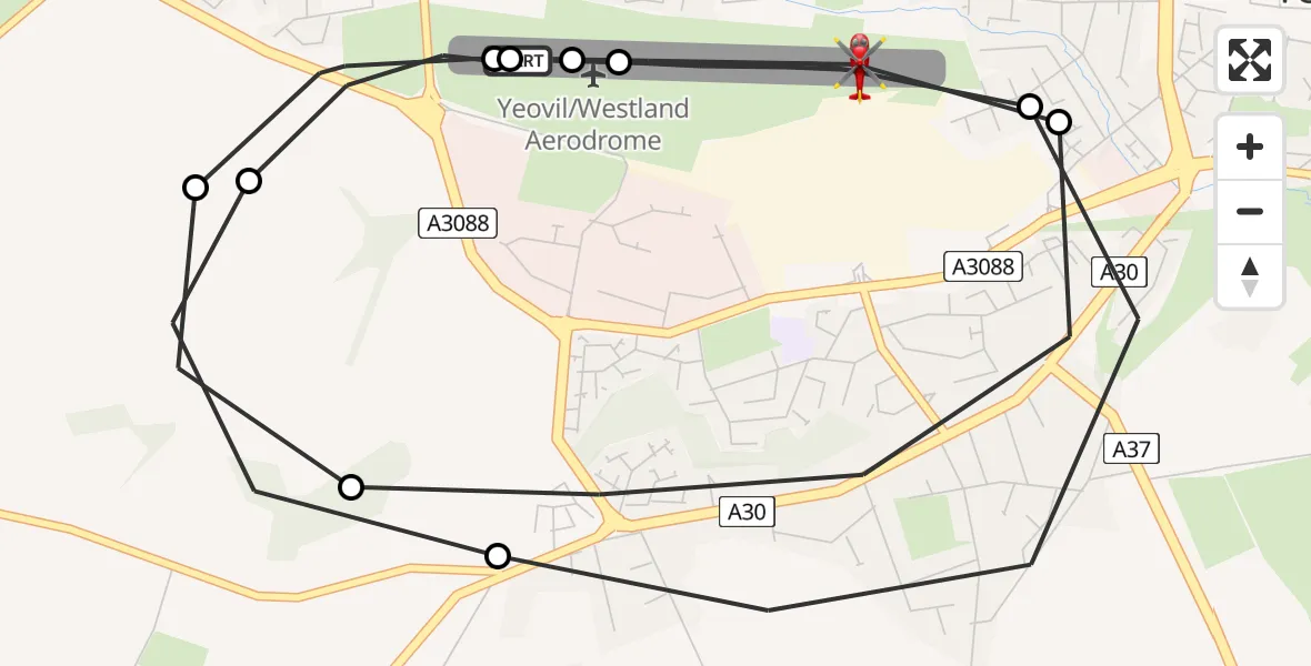 Flight path map showing Air Ambulance Helicopter route from Yeovil/Westland Aerodrome to Yeovil/Westland Aerodrome