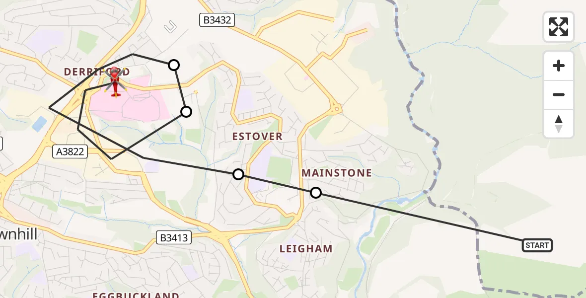 Flight path map showing Air Ambulance Helicopter route from Colebrook Village to Crownhill
