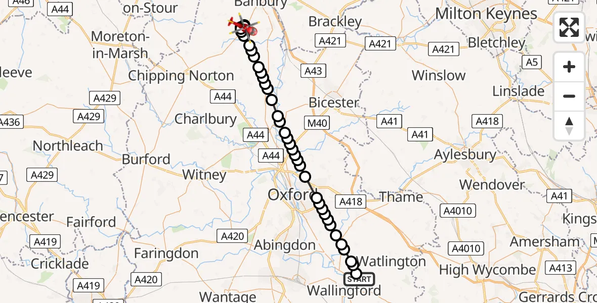 Flight path map showing Air Ambulance Helicopter route from RAF Benson to Milcombe
