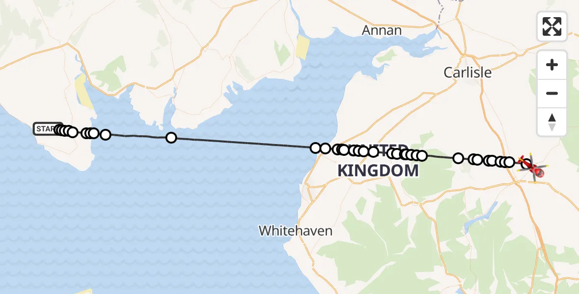 Flight path map showing Air Ambulance Helicopter route from Dumfries and Galloway to Edenhall