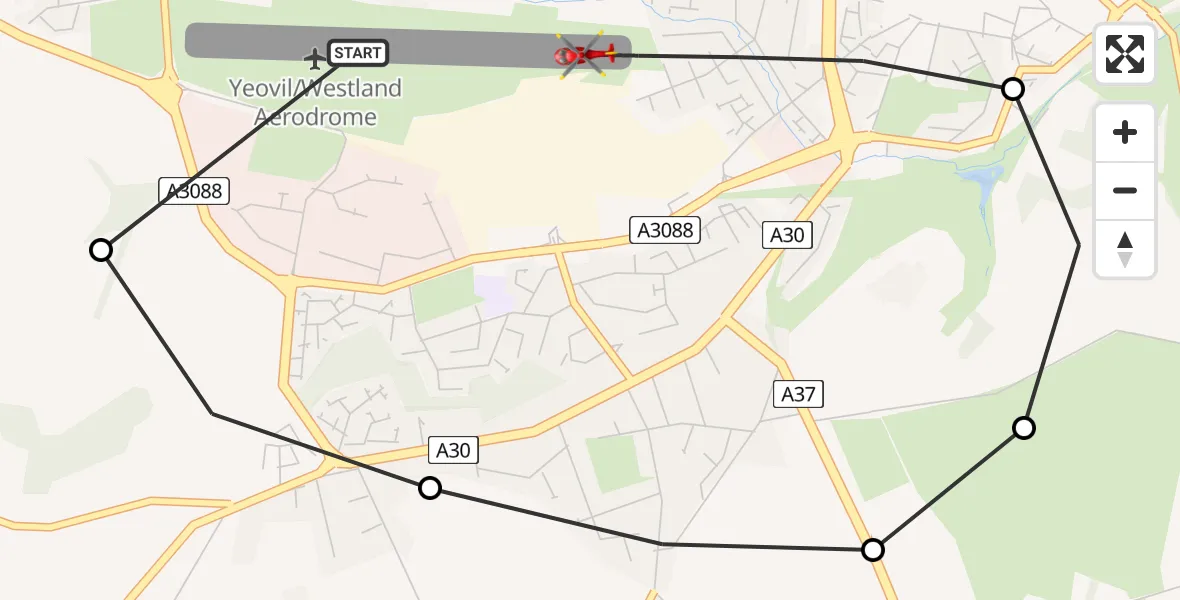 Flight path map showing Air Ambulance Helicopter route from Yeovil/Westland Aerodrome to Yeovil