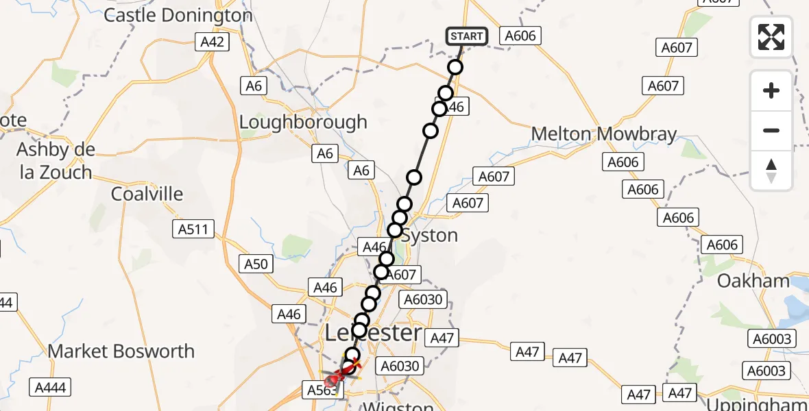 Flight path map showing Air Ambulance Helicopter route from Rushcliffe to Braunstone