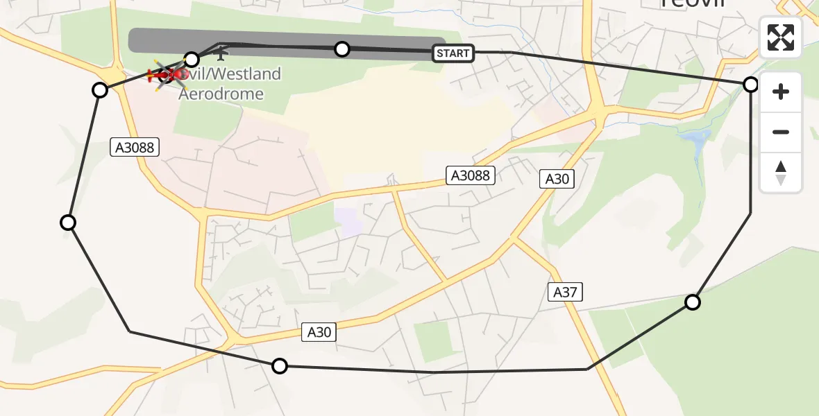 Flight path map showing Air Ambulance Helicopter route from Yeovil/Westland Aerodrome to Brympton