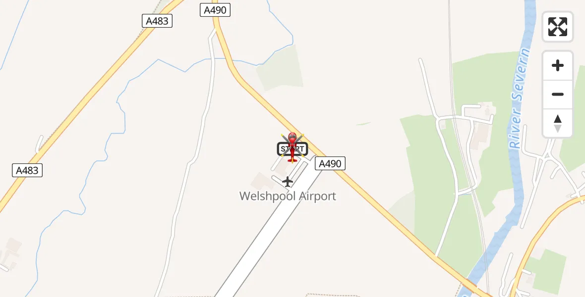 Flight path map showing Air Ambulance Helicopter route from Welshpool Airport to Welshpool Airport