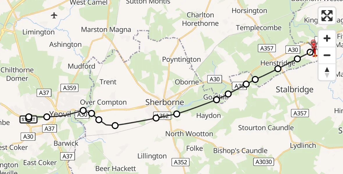 Flight path map showing Air Ambulance Helicopter route from Yeovil/Westland Aerodrome to Henstridge Airfield