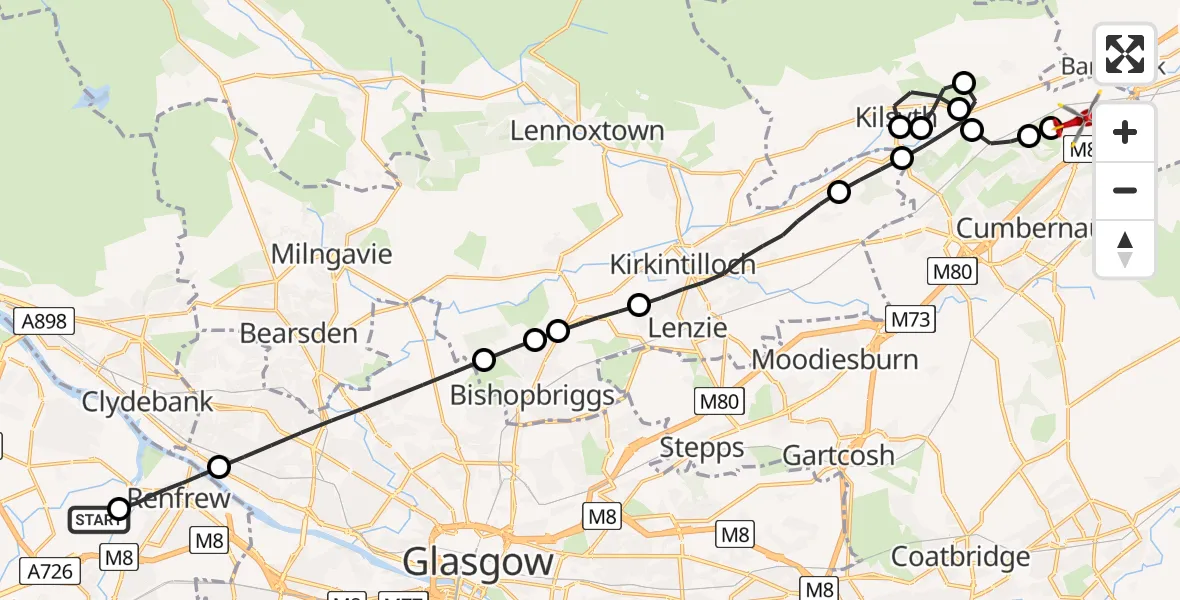 Flight path map showing Air Ambulance Helicopter route from Glasgow Airport to Cumbernauld Airport