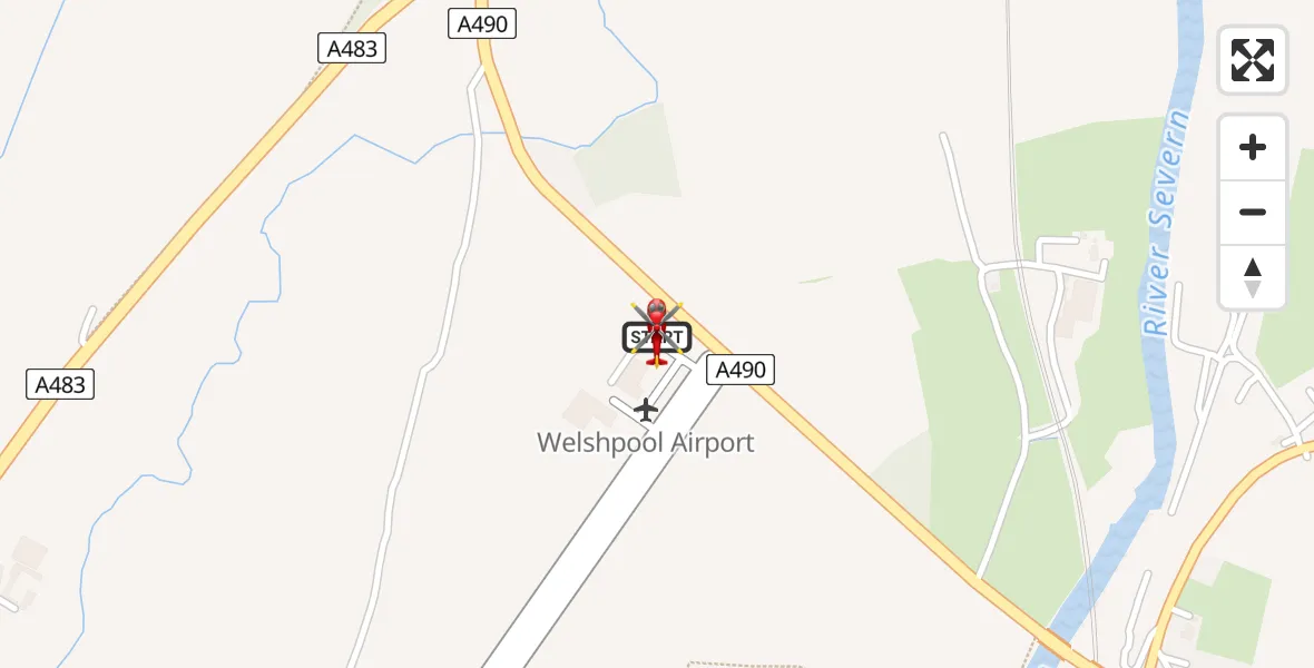 Flight path map showing Air Ambulance Helicopter route from Welshpool Airport to Welshpool Airport