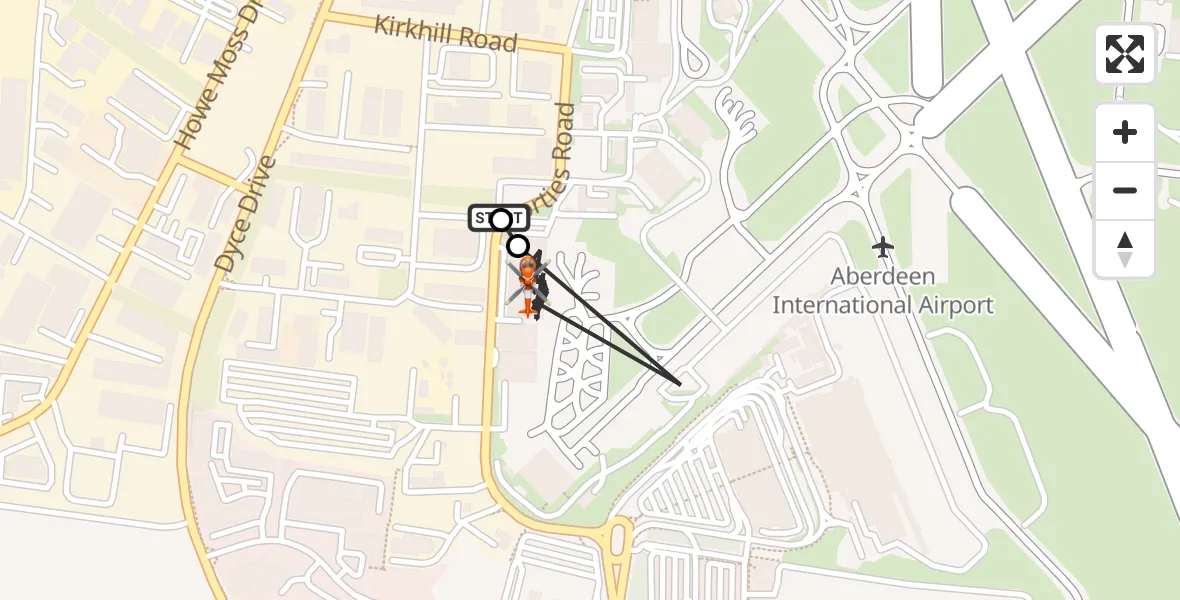 Flight path map showing Coastguard Helicopter route from Aberdeen International Airport to Aberdeen International Airport