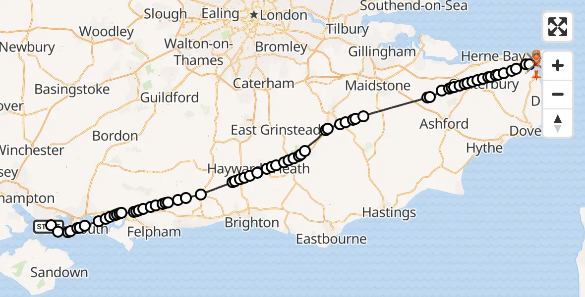 Flight path map showing Coastguard Helicopter route from Solent Airport to Manston Airport