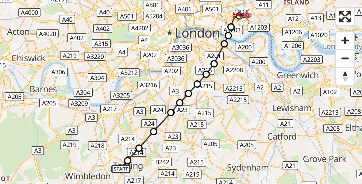 Flight path map showing Air Ambulance Helicopter route from St Georges Hospital to Royal London Hospital