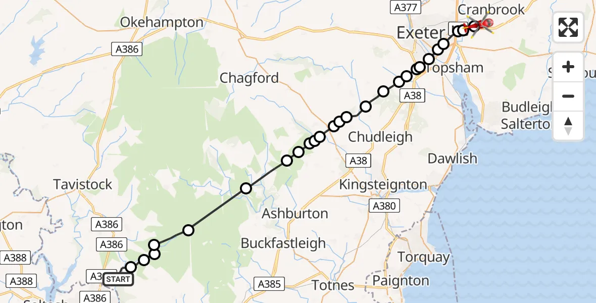 Flight path map showing Air Ambulance Helicopter route from Bickleigh to Exeter International Airport