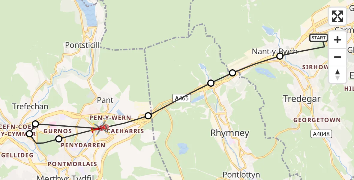 Flight path map showing Air Ambulance Helicopter route from Tredegar to Pant