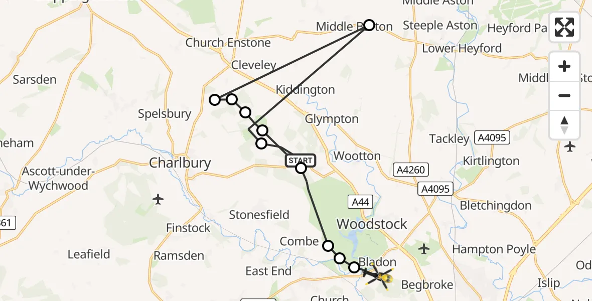 Flight path map showing Police Helicopter route from West Oxfordshire to Kidlington