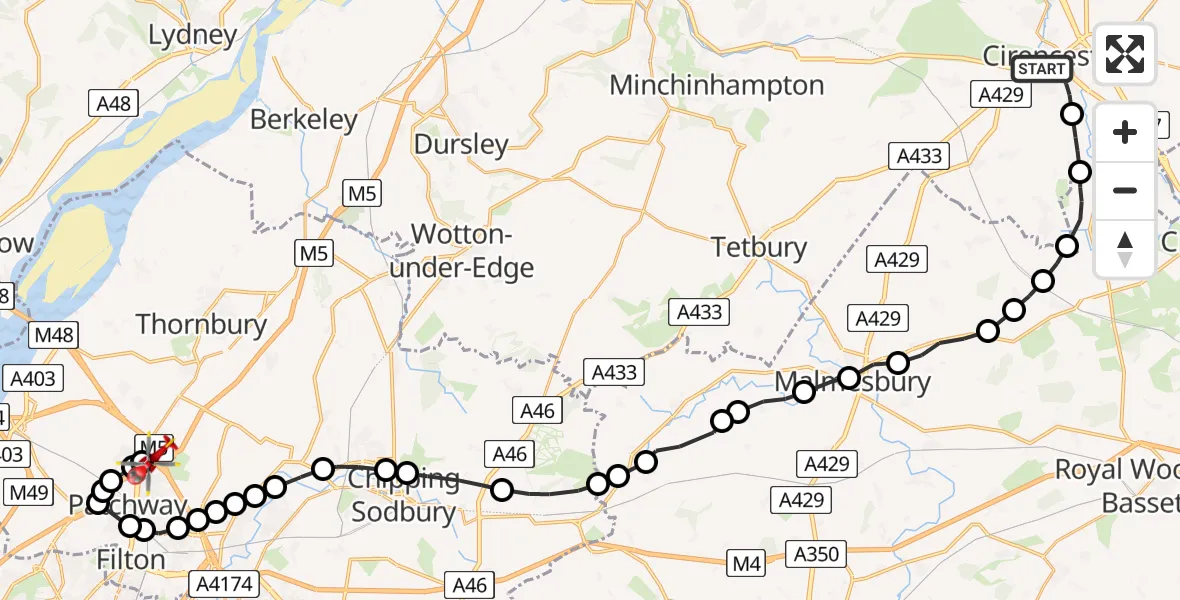 Flight path map showing Air Ambulance Helicopter route from Cirencester to Almondsbury Helicopter Base