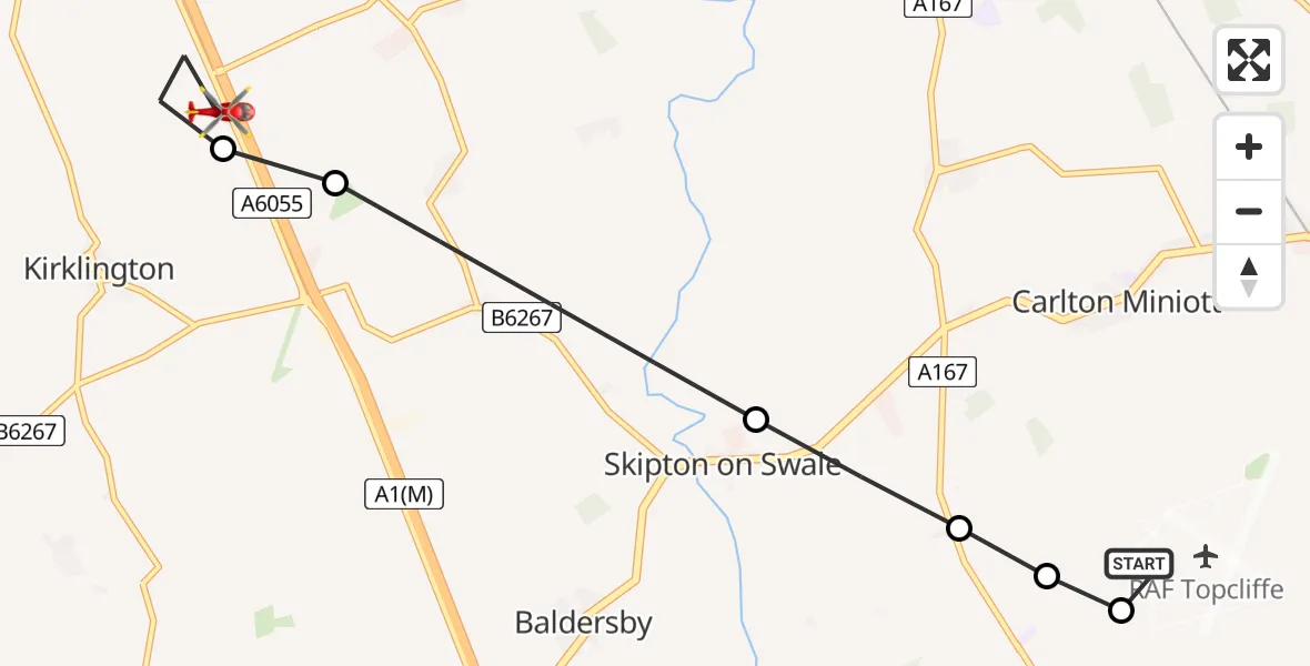 Flight path map showing Air Ambulance Helicopter route from RAF Topcliffe to Burneston