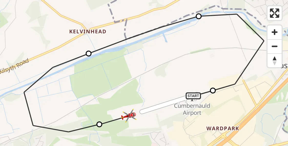 Flight path map showing Air Ambulance Helicopter route from Cumbernauld Airport to Cumbernauld Airport