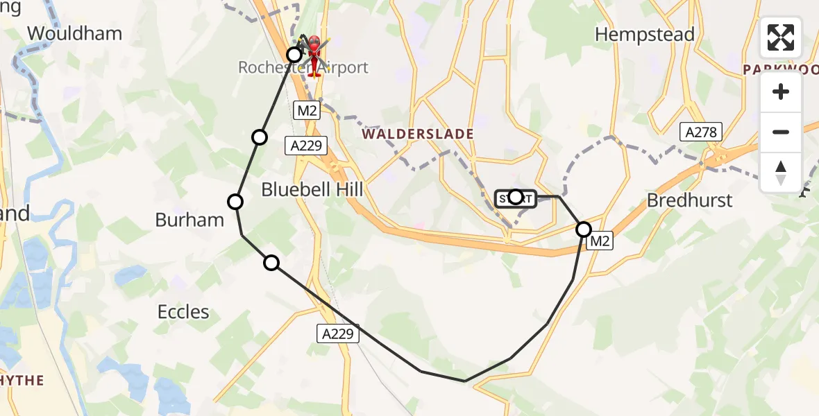 Flight path map showing Air Ambulance Helicopter route from Chatham to Rochester Airport