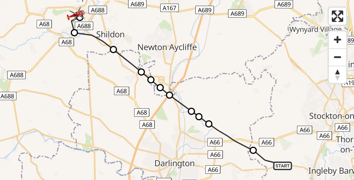 Flight path map showing Air Ambulance Helicopter route from Longnewton to Bishop Auckland