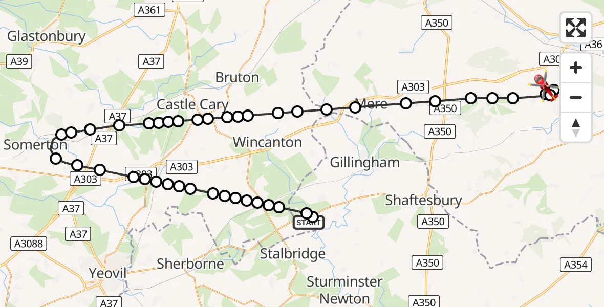 Flight path map showing Air Ambulance Helicopter route from Henstridge Airfield to Teffont Magna