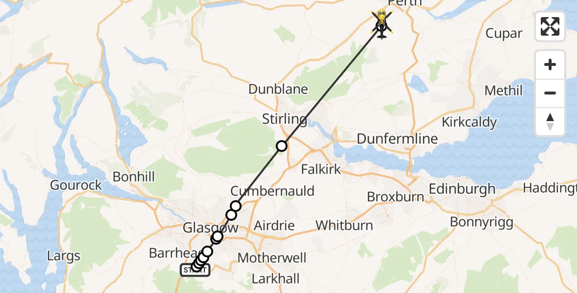 Flight path map showing Police Helicopter route from Newton Mearns to Forteviot