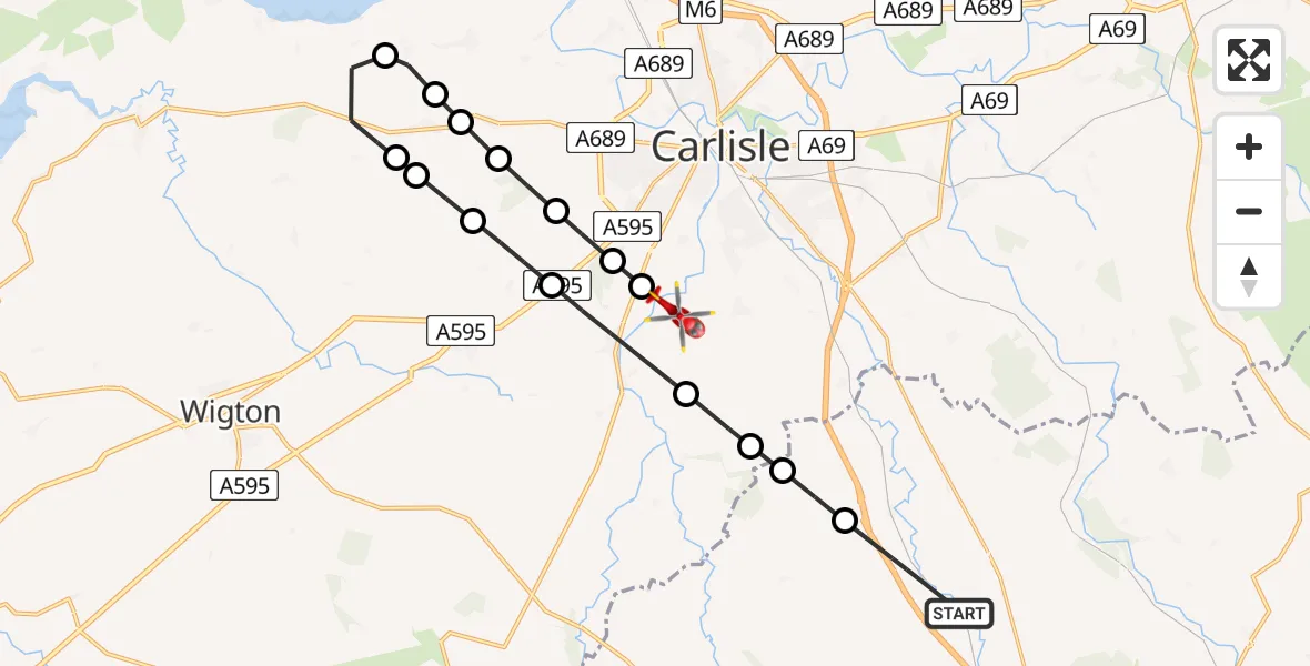 Flight path map showing Air Ambulance Helicopter route from Hesket to Durdar