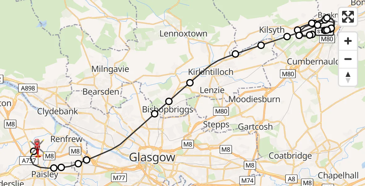 Flight path map showing Air Ambulance Helicopter route from Cumbernauld Airport to Glasgow Airport