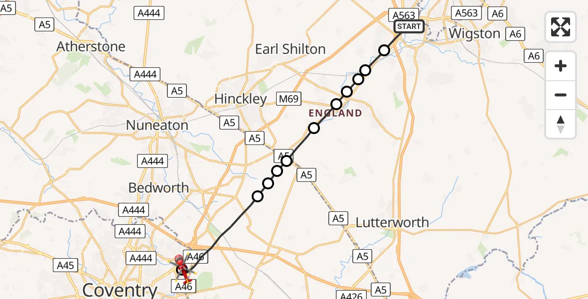 Flight path map showing Air Ambulance Helicopter route from Blaby to University Hospital Coventry