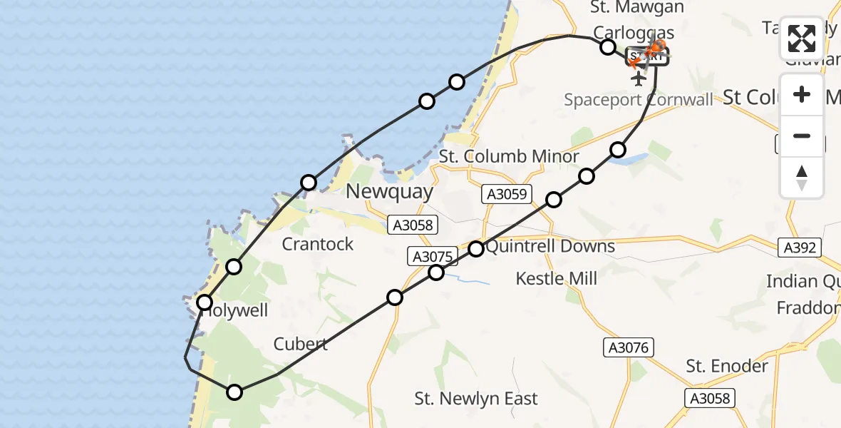 Flight path map showing Coastguard Helicopter route from Cornwall Airport Newquay to Cornwall Airport Newquay