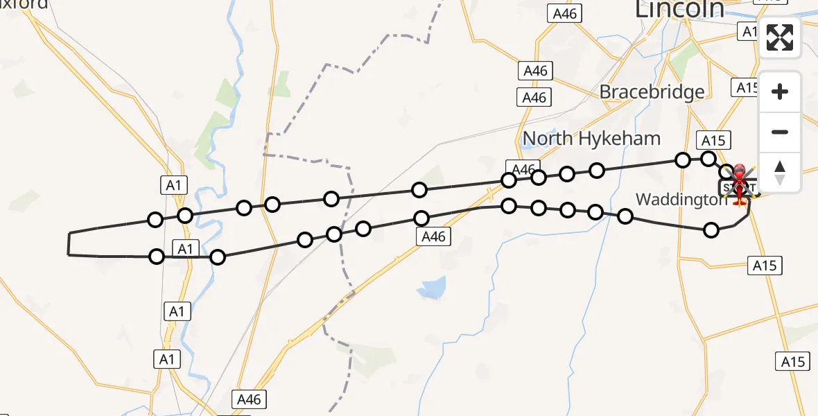 Flight path map showing Air Ambulance Helicopter route from RAF Waddington to North Kesteven