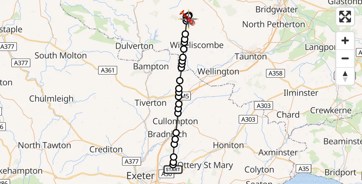 Flight path map showing Air Ambulance Helicopter route from Exeter International Airport to Stogumber