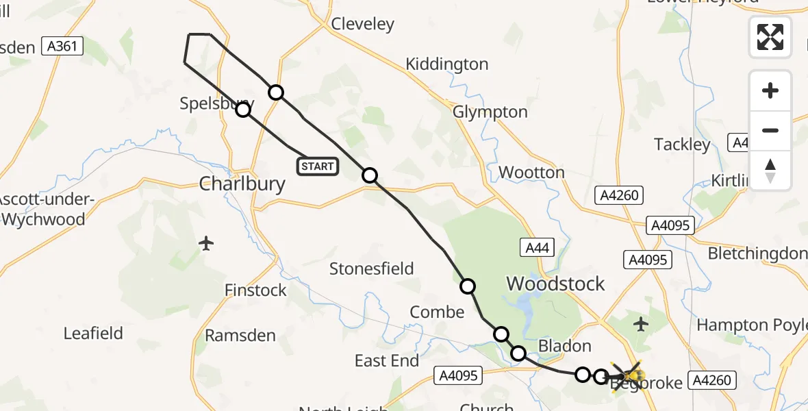 Flight path map showing Police Helicopter route from Charlbury to Begbroke