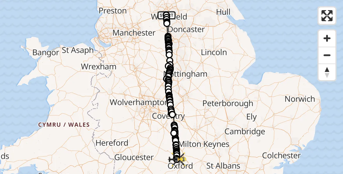 Flight path map showing Police Helicopter route from East Ardsley to London Oxford Airport