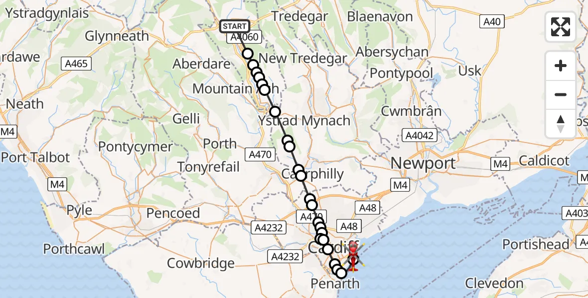 Flight path map showing Air Ambulance Helicopter route from Merthyr Tydfil to Cardiff Heliport