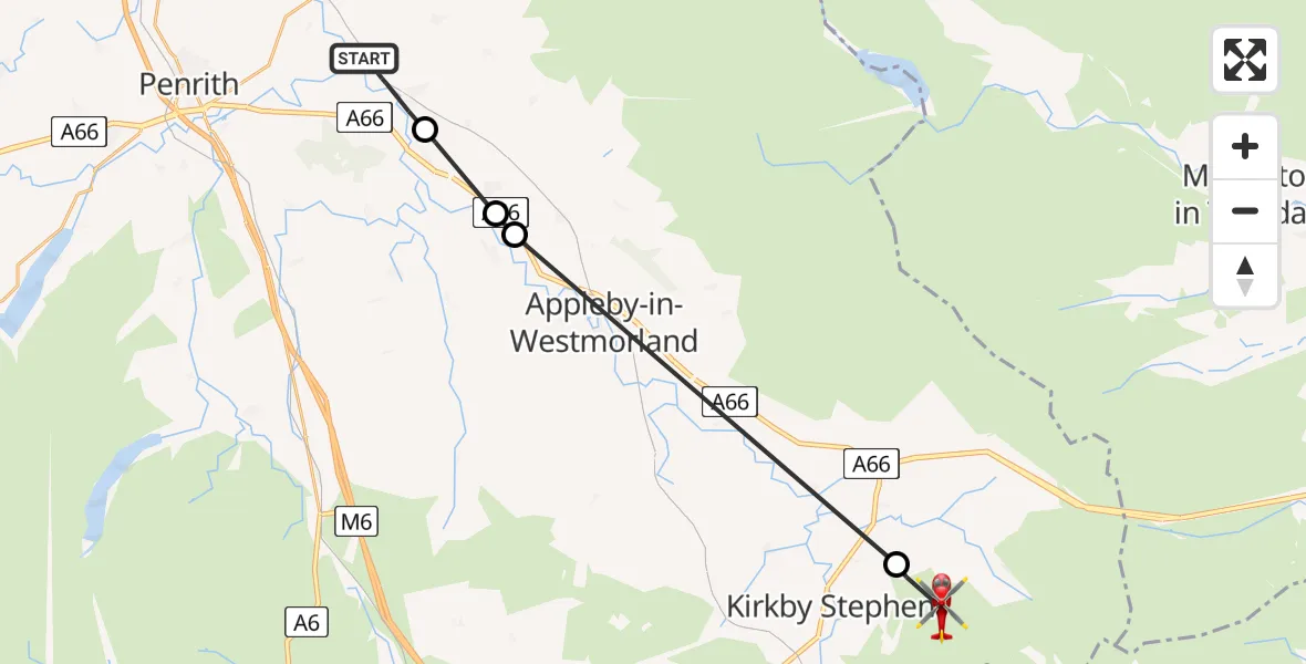 Flight path map showing Air Ambulance Helicopter route from Culgaith to Winton