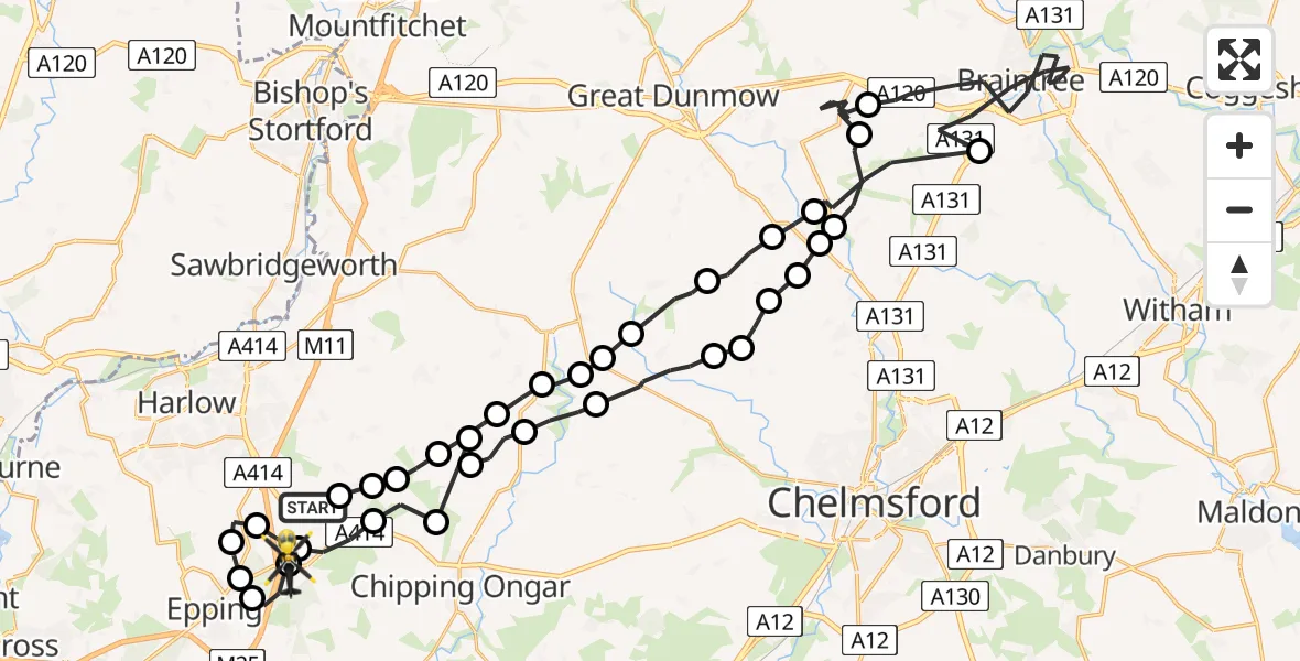 Flight path map showing Police Helicopter route from North Weald Bassett to North Weald Airfield