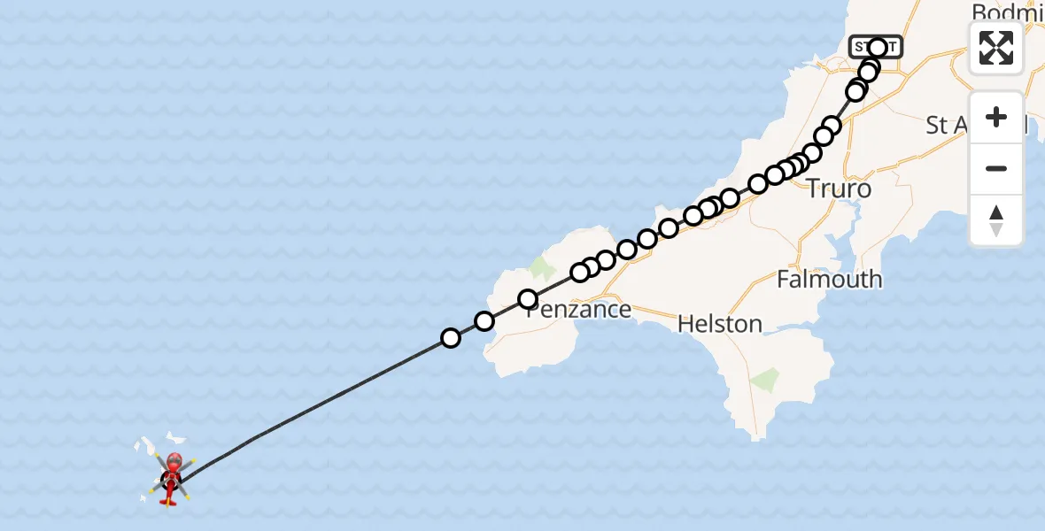Flight path map showing Air Ambulance Helicopter route from Cornwall Airport Newquay to St. Mary's Airport