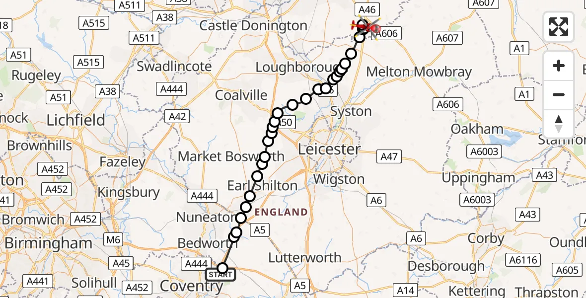 Flight path map showing Air Ambulance Helicopter route from Walsgrave to Nottingham Heliport