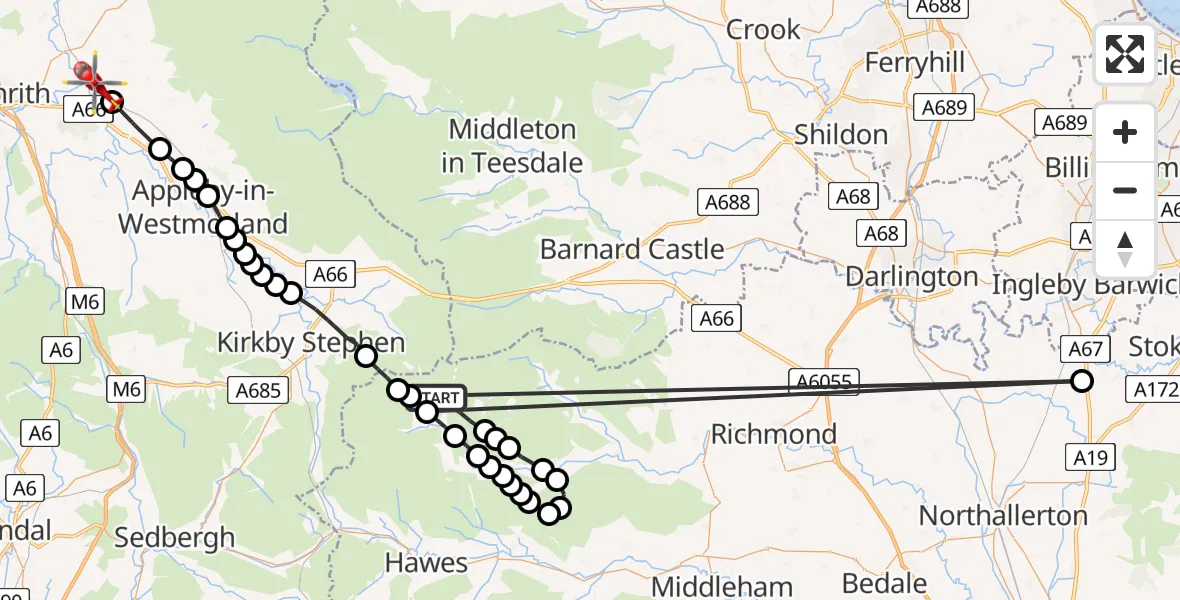 Flight path map showing Air Ambulance Helicopter route from Muker to Culgaith