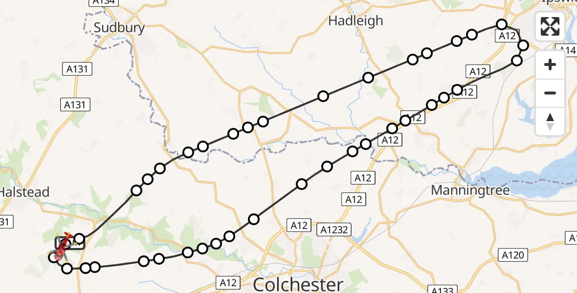 Flight path map showing Air Ambulance Helicopter route from Earls Colne Airfield to Earls Colne Airfield