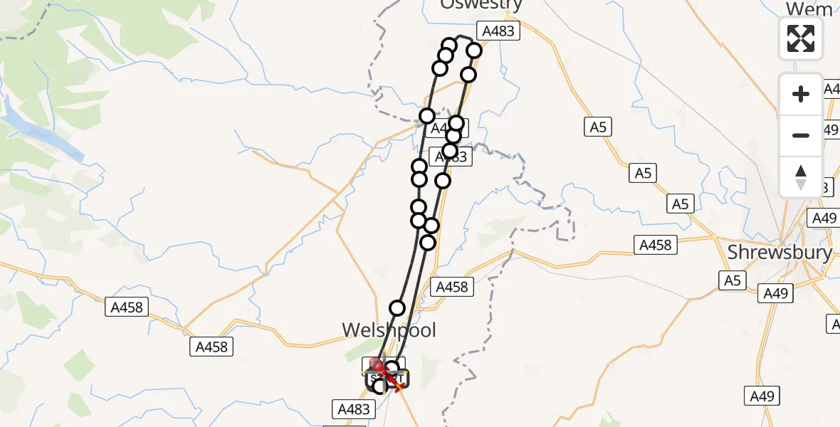 Flight path map showing Air Ambulance Helicopter route from Welshpool Airport to Welshpool Airport